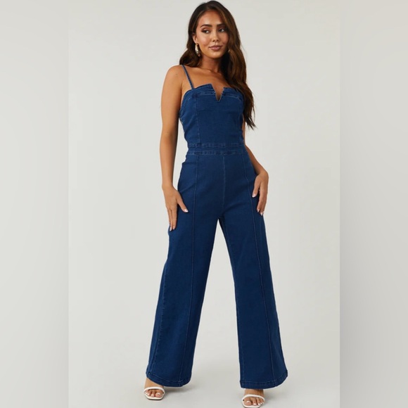 Women’s Dark Wash Denim Wide Leg Jumpsuit - Picture 1 of 4
